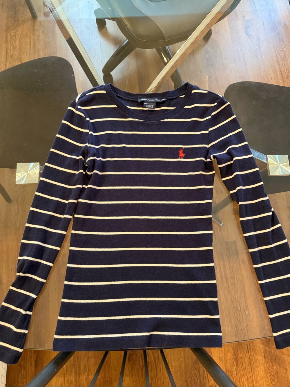 Ralph Lauren Navy & White Striped Long-Sleeve Tee with Red Polo Pony